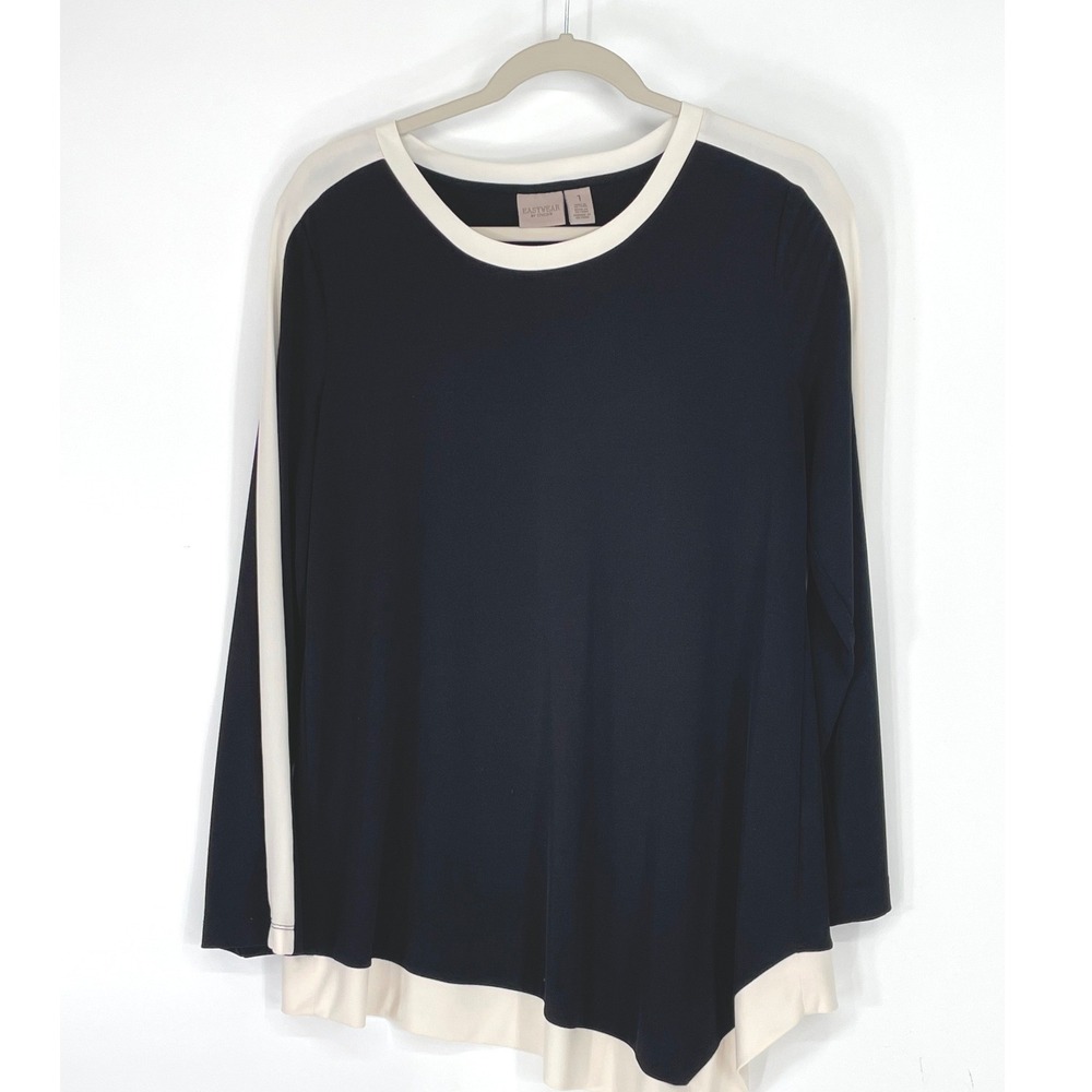 Chicos Easy Wear Women Top 1/S/M Long Sleeve Black Cream Asymmetric Color Block
